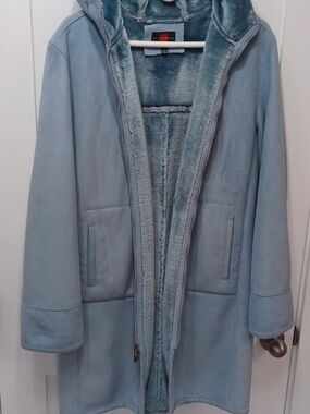 Faux Suede Leather & Velour, Blue Trench Coat Hoodie Long, Small - Medium